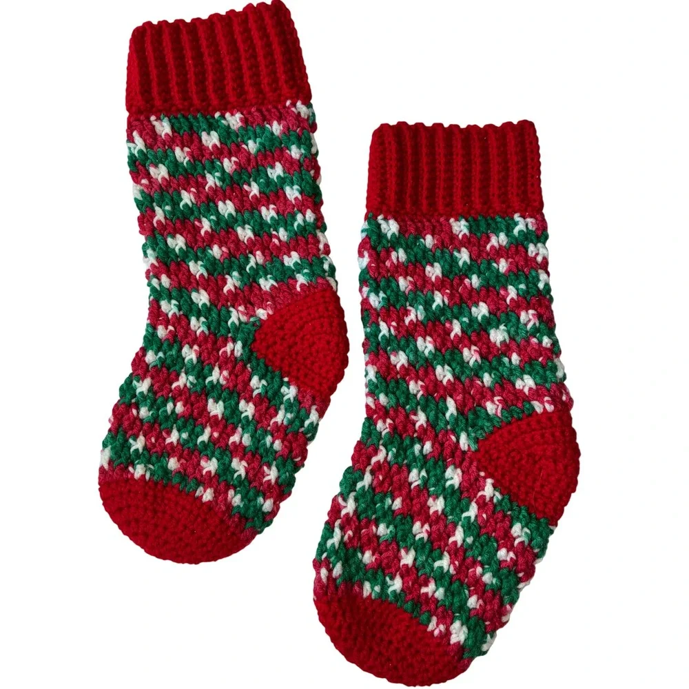 Home Made Christmas Stocking Red Green White Festive Holiday Knit